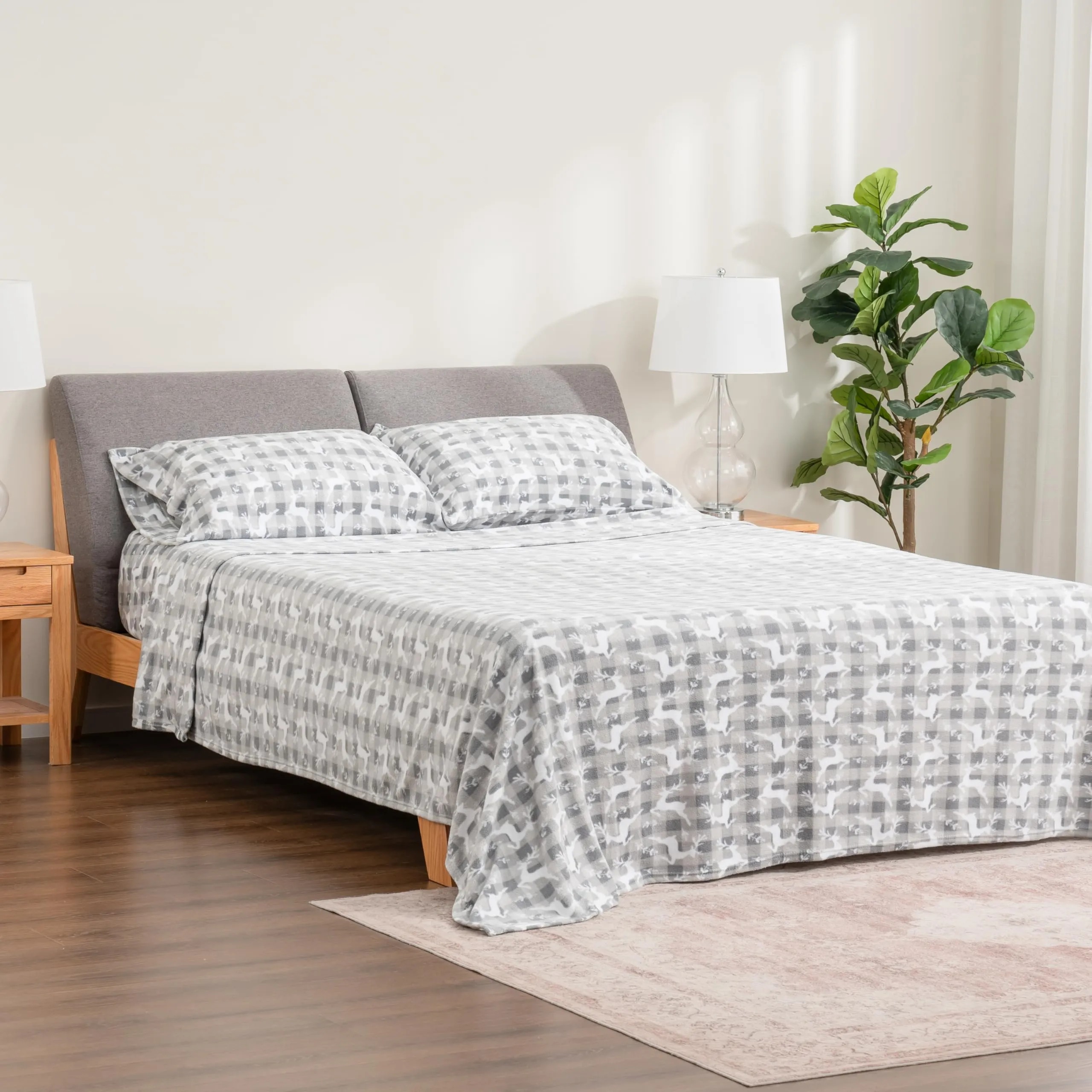 Berkshire Blanket Ultra-Soft Printed Microfleece Knit Sheet Set  3-Piece Twin Set  Lightweight, Breathable, All-Season Comfort, Folk Buffalo Check Reindeer Grey
