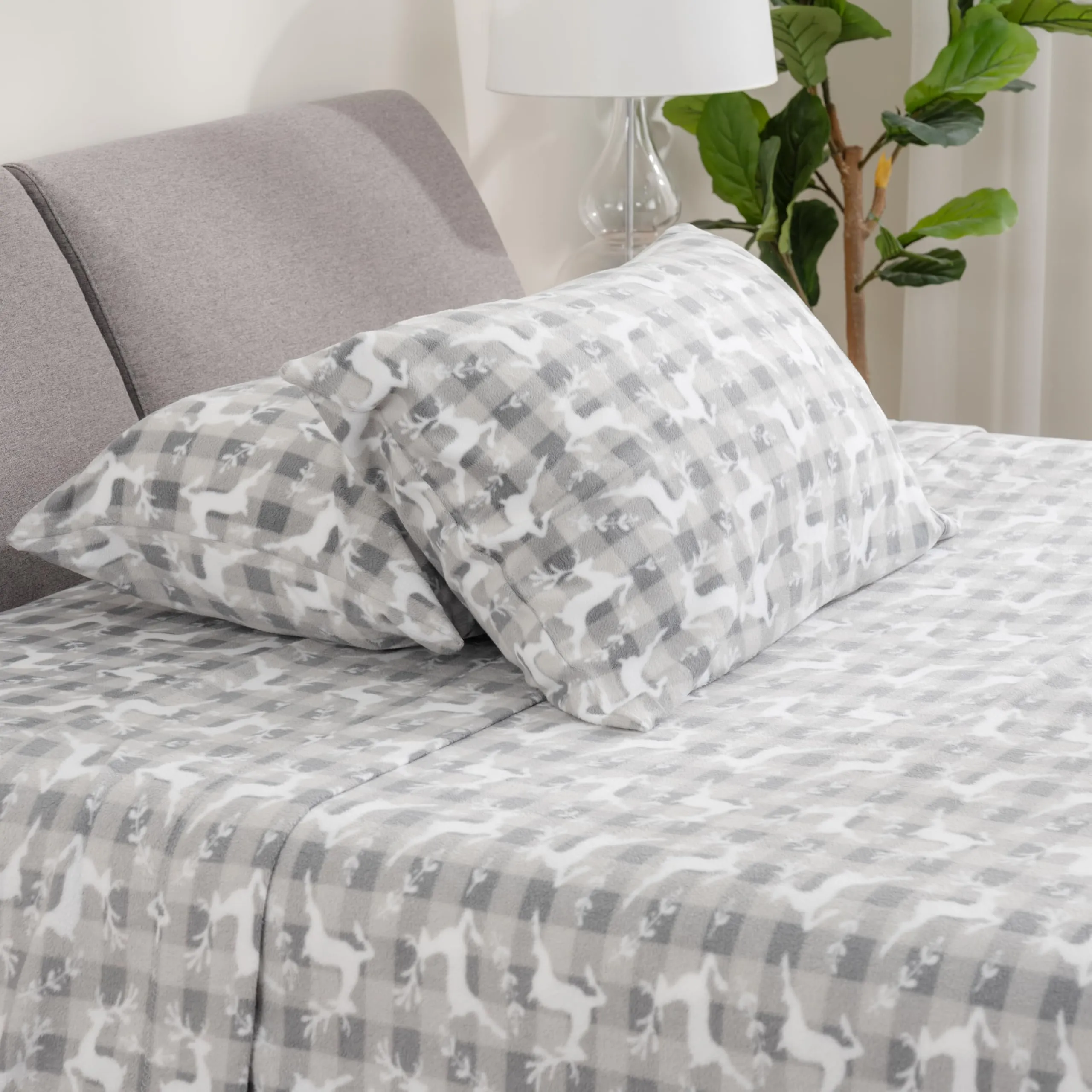 Berkshire Blanket Ultra-Soft Printed Microfleece Knit Sheet Set  3-Piece Twin Set  Lightweight, Breathable, All-Season Comfort, Folk Buffalo Check Reindeer Grey