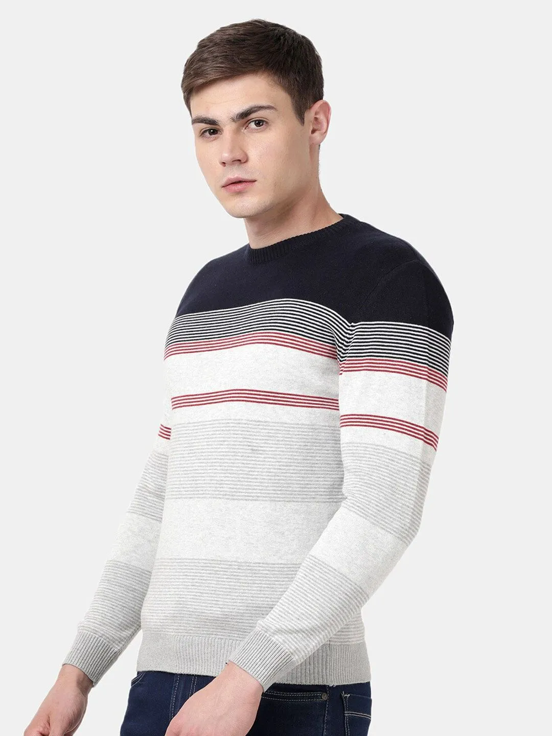 T-Base Men Navy Blue & Grey Striper Cotton Crewneck Sweater