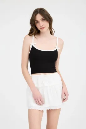Tank Top - Ribbon Trim Knit Crop - Black