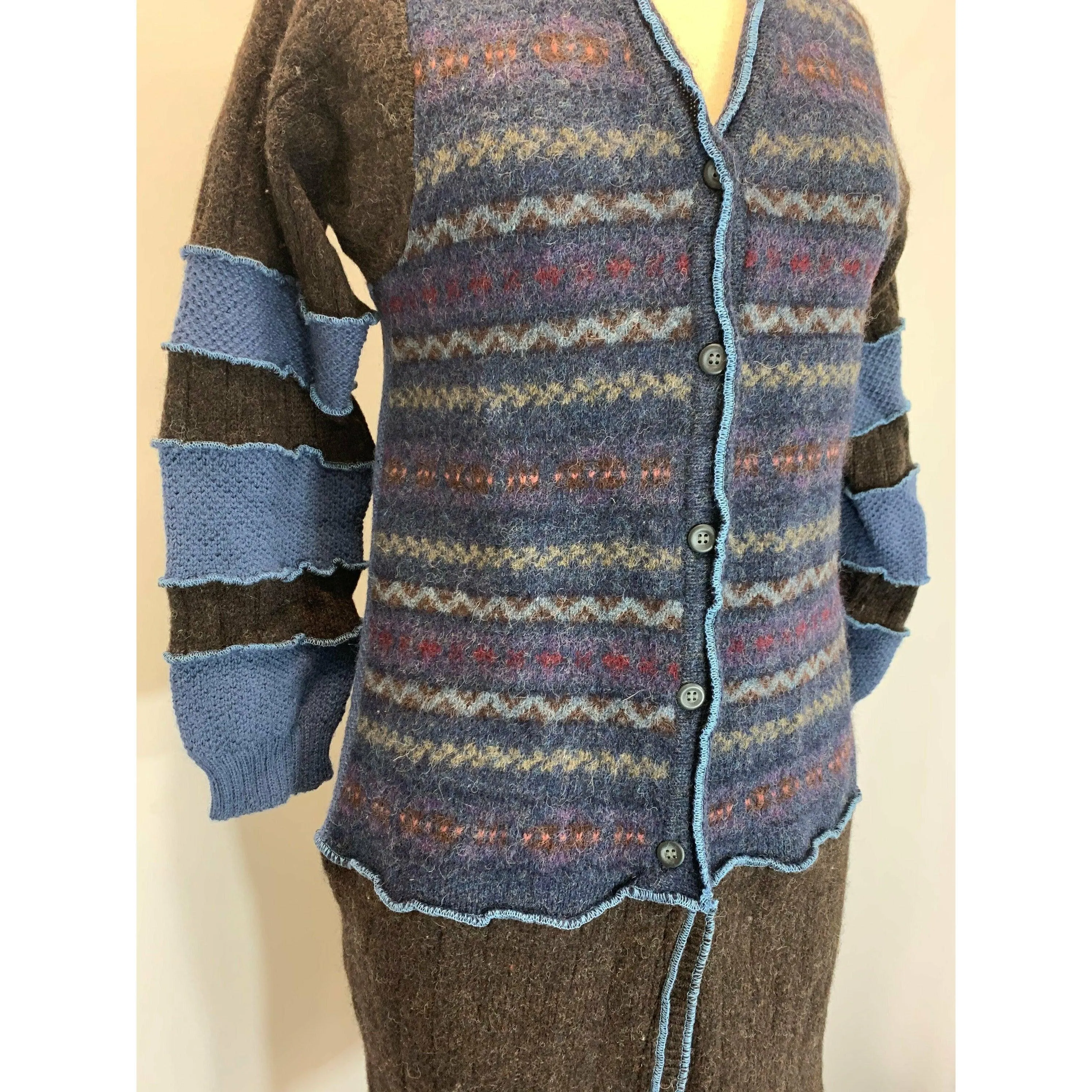 Wool Brown and Blue Button front sweater cardigan jacket in recycled fabrics - Small. Measurements below. Free Shipping.