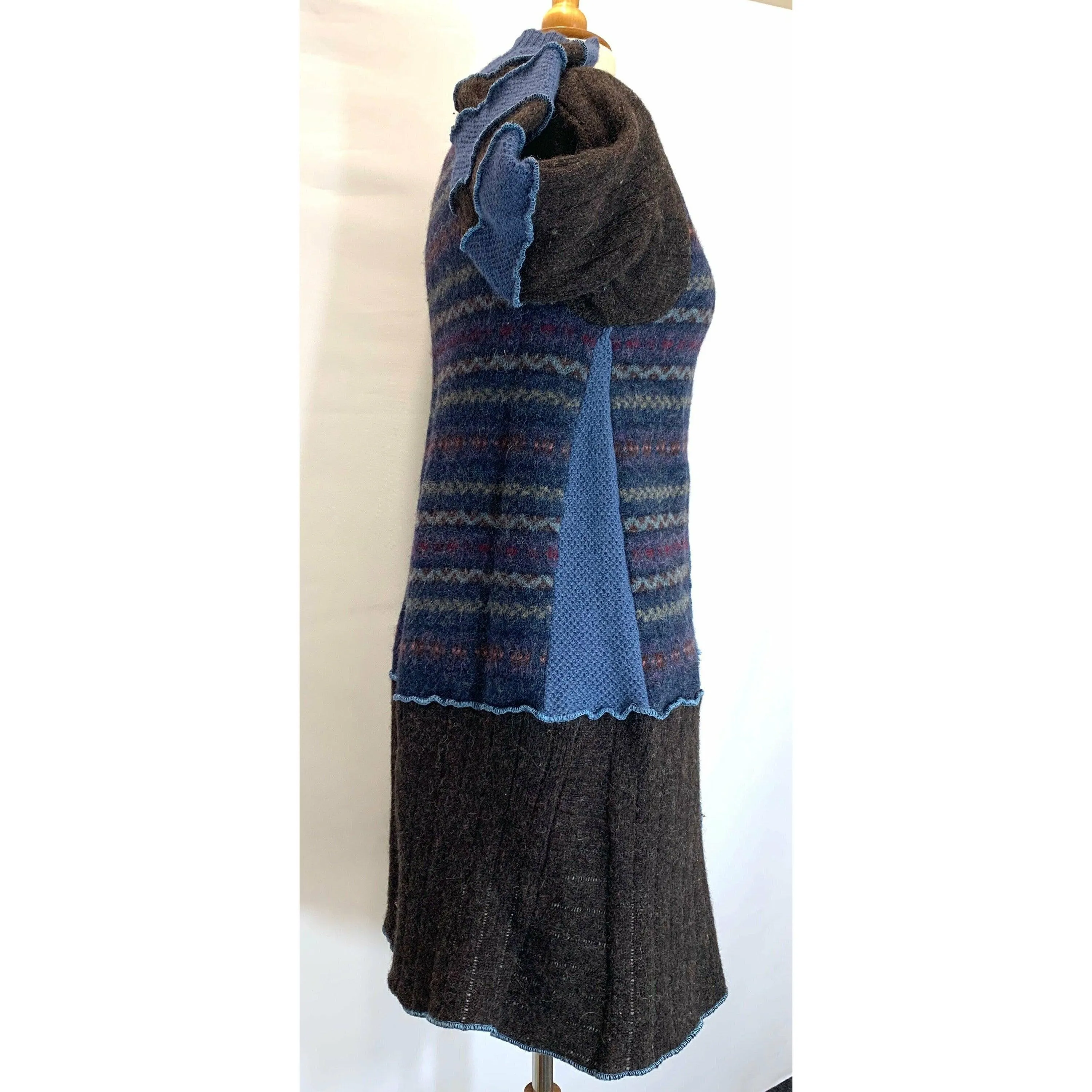Wool Brown and Blue Button front sweater cardigan jacket in recycled fabrics - Small. Measurements below. Free Shipping.