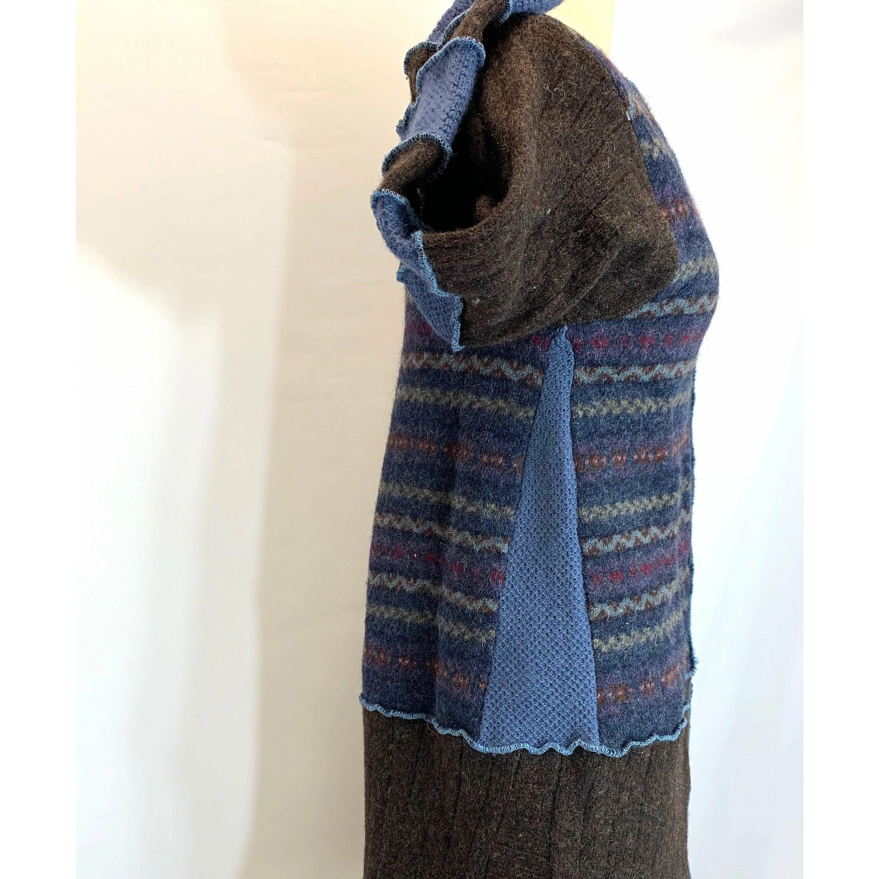 Wool Brown and Blue Button front sweater cardigan jacket in recycled fabrics - Small. Measurements below. Free Shipping.