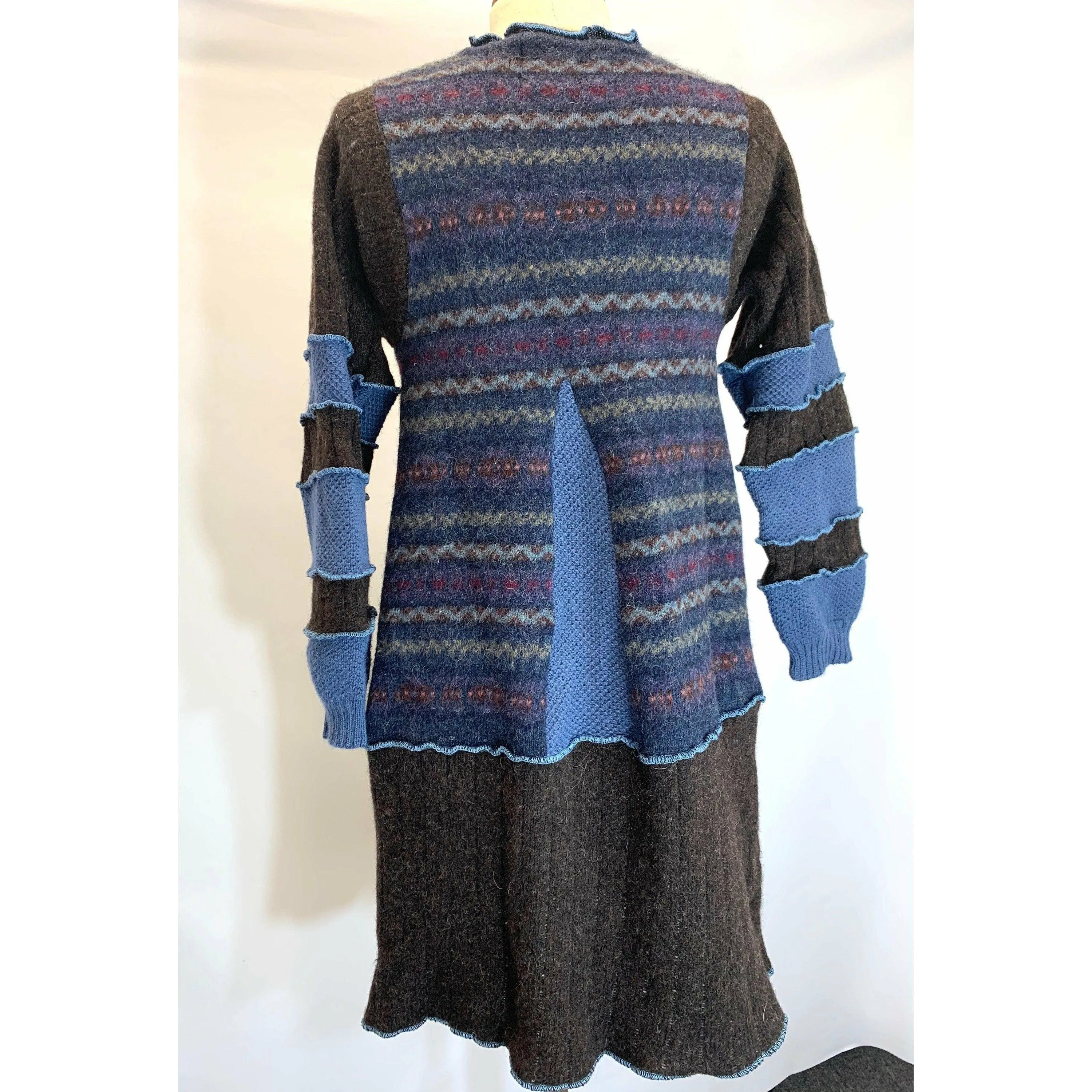 Wool Brown and Blue Button front sweater cardigan jacket in recycled fabrics - Small. Measurements below. Free Shipping.