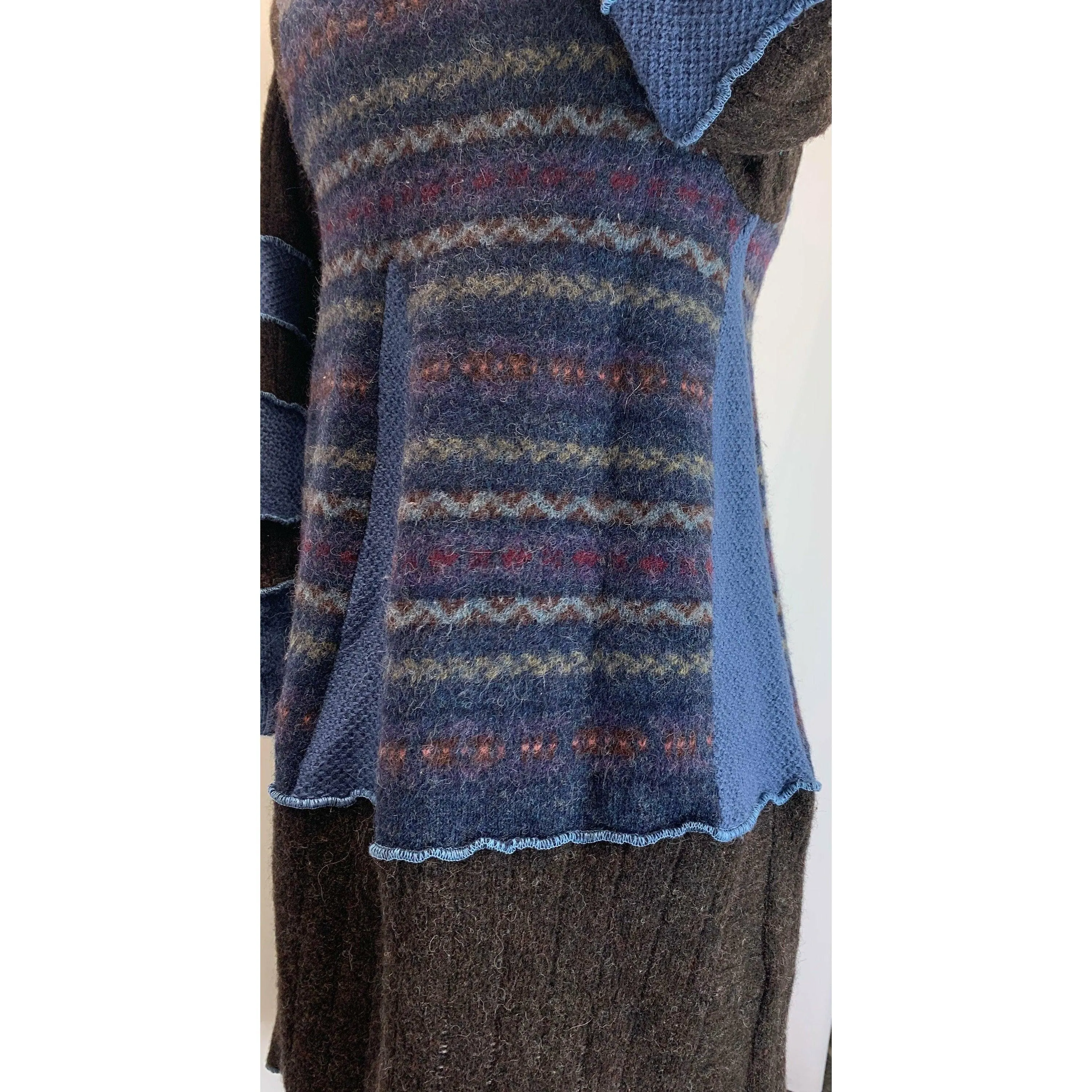 Wool Brown and Blue Button front sweater cardigan jacket in recycled fabrics - Small. Measurements below. Free Shipping.