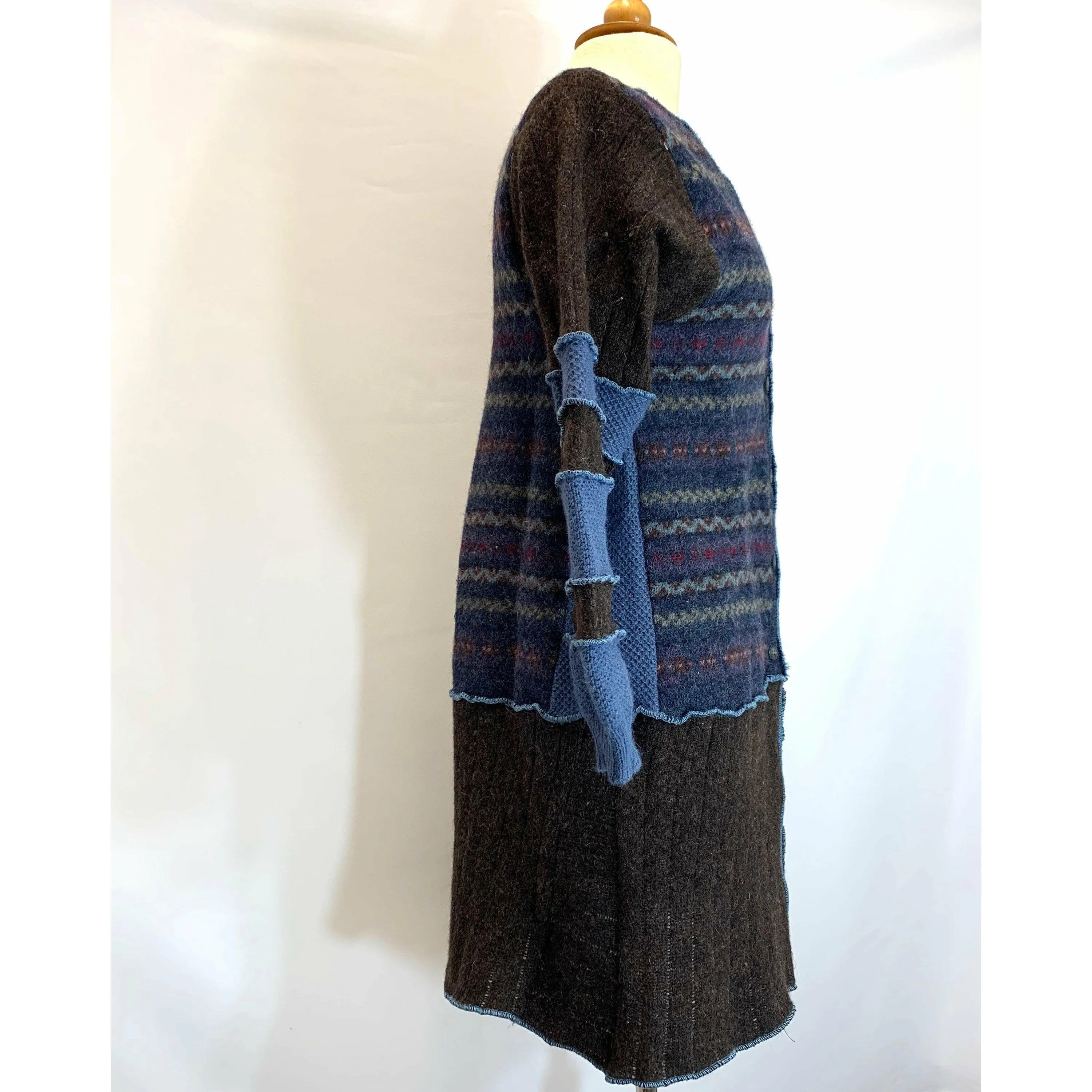 Wool Brown and Blue Button front sweater cardigan jacket in recycled fabrics - Small. Measurements below. Free Shipping.