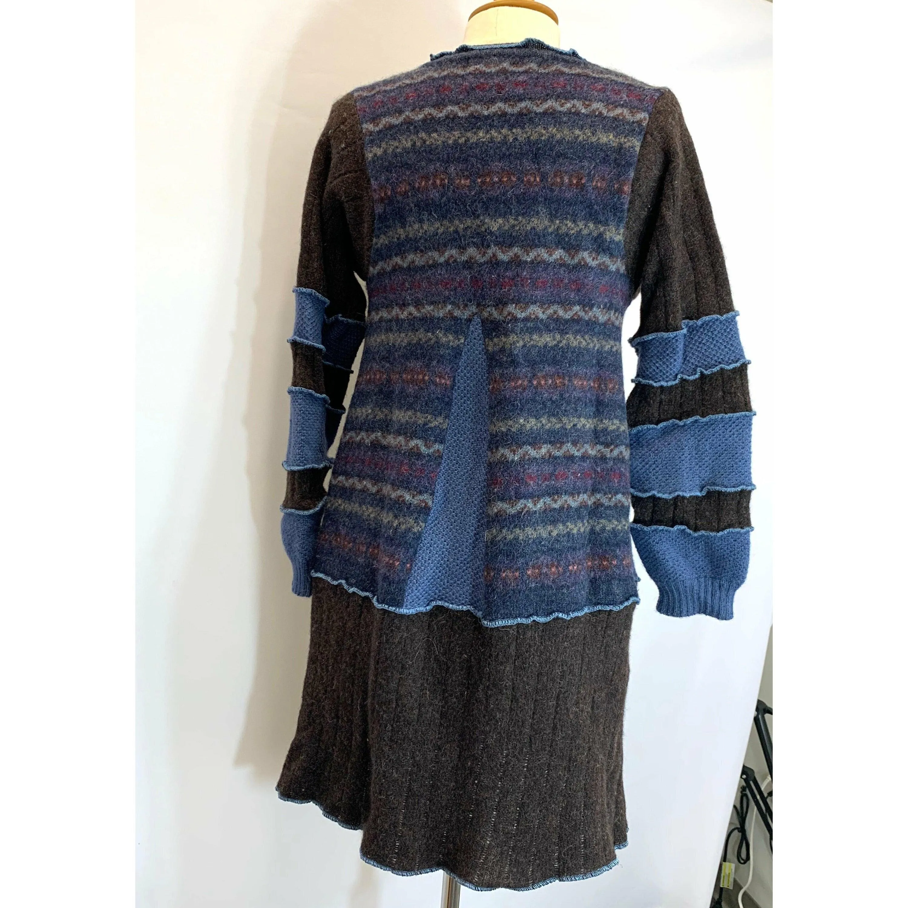 Wool Brown and Blue Button front sweater cardigan jacket in recycled fabrics - Small. Measurements below. Free Shipping.