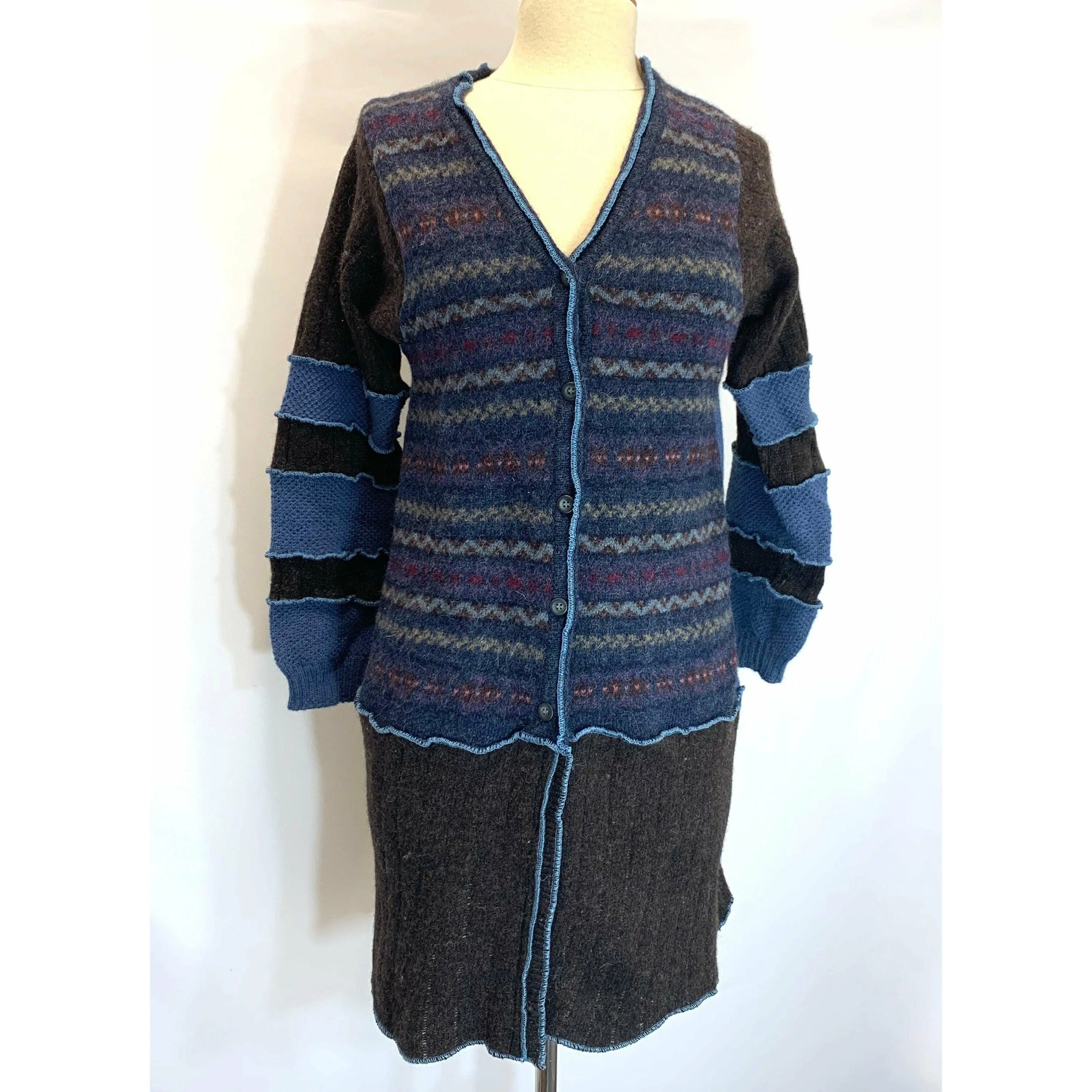 Wool Brown and Blue Button front sweater cardigan jacket in recycled fabrics - Small. Measurements below. Free Shipping.