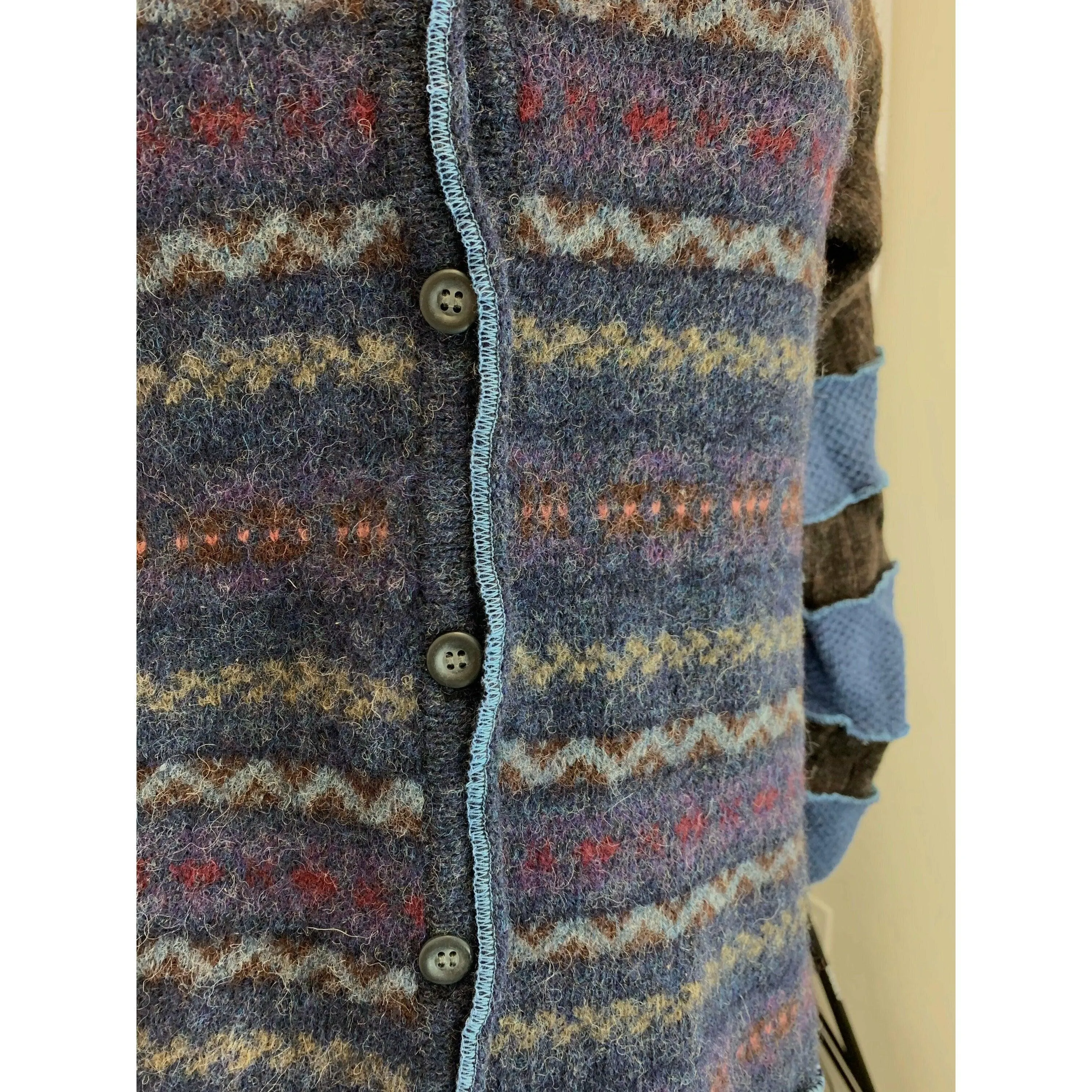 Wool Brown and Blue Button front sweater cardigan jacket in recycled fabrics - Small. Measurements below. Free Shipping.